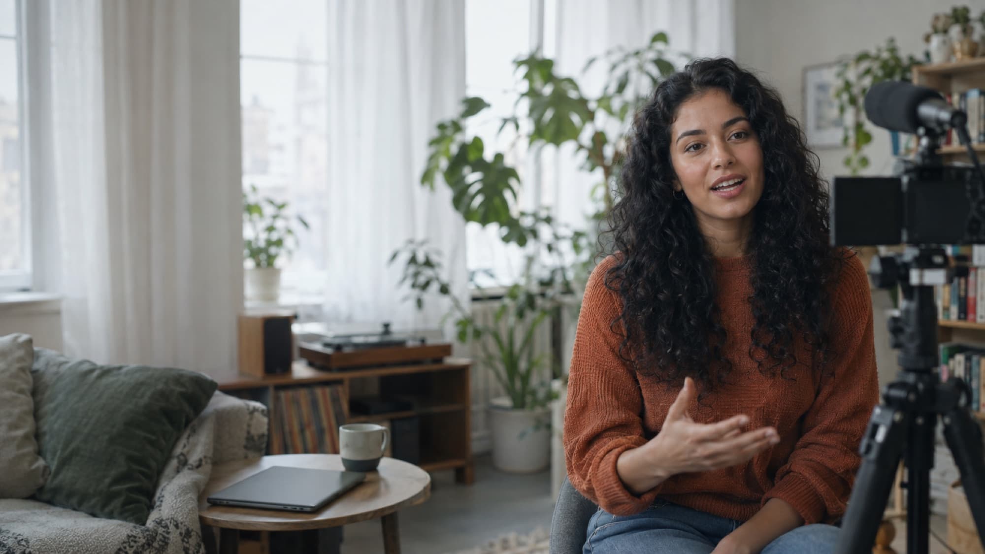 A creator talking to her camera in a bright, plant-filled loft
