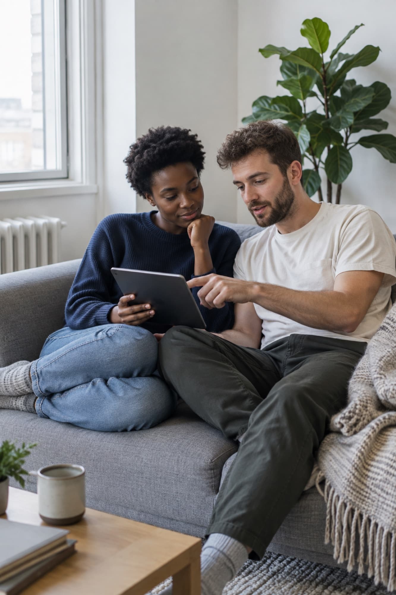 A couple on a sofa reviewing a tablet together