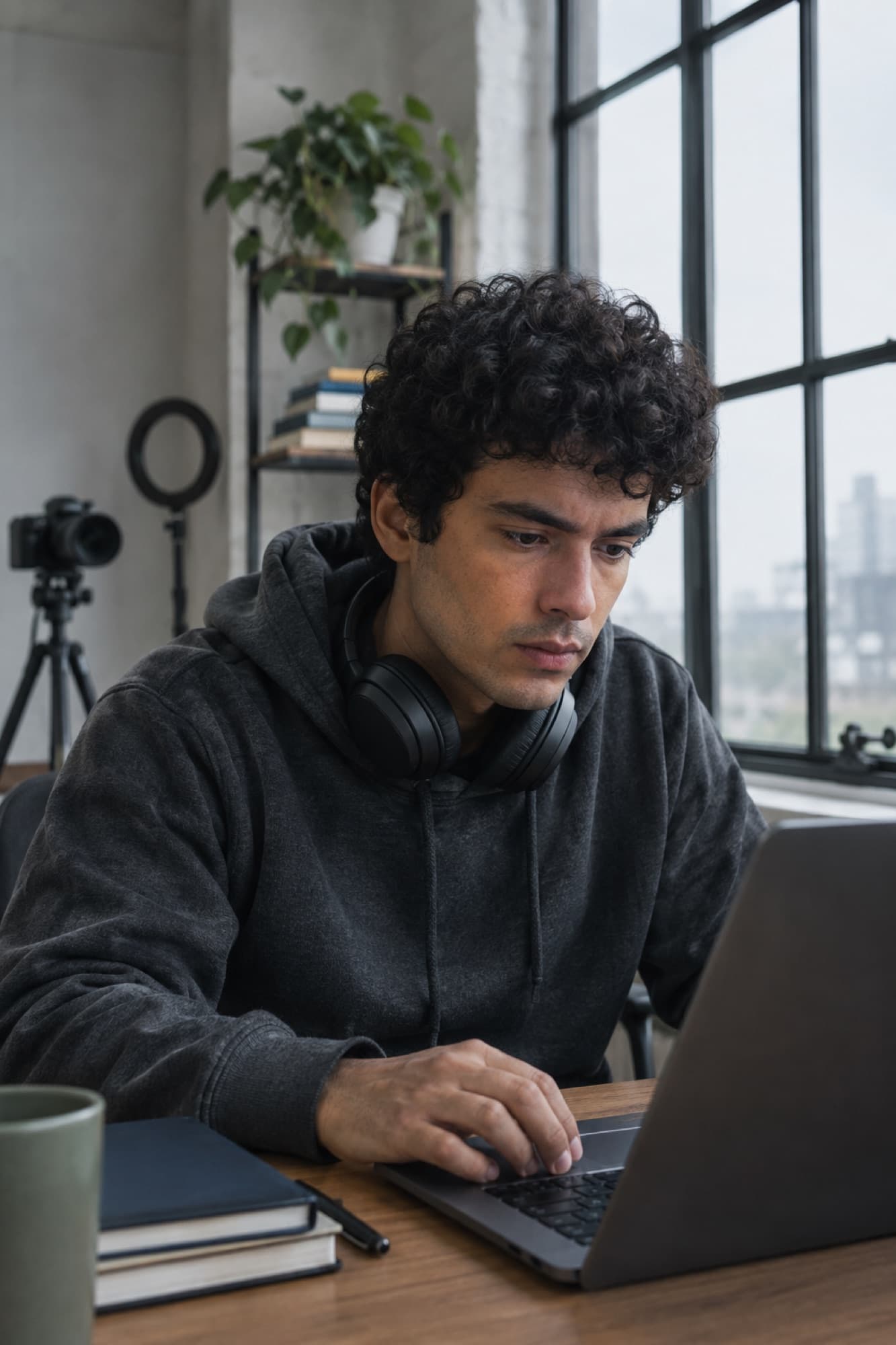 A creator at his desk with a camera on a tripod behind him