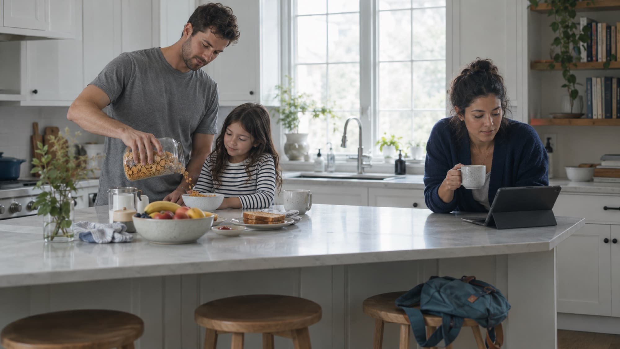 A family having an unhurried breakfast at a kitchen island