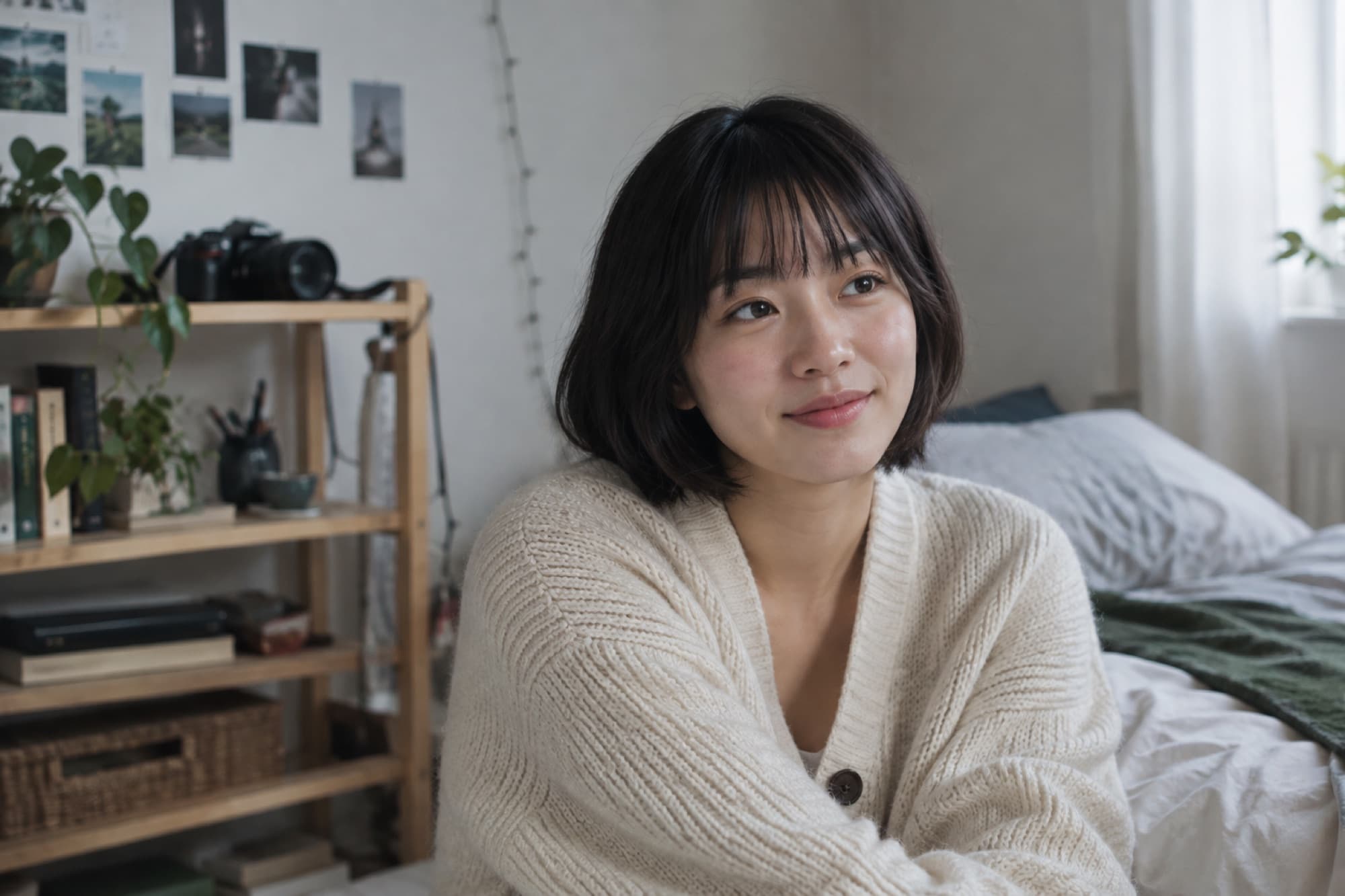 A young creator in a cream cardigan sitting in her bedroom studio