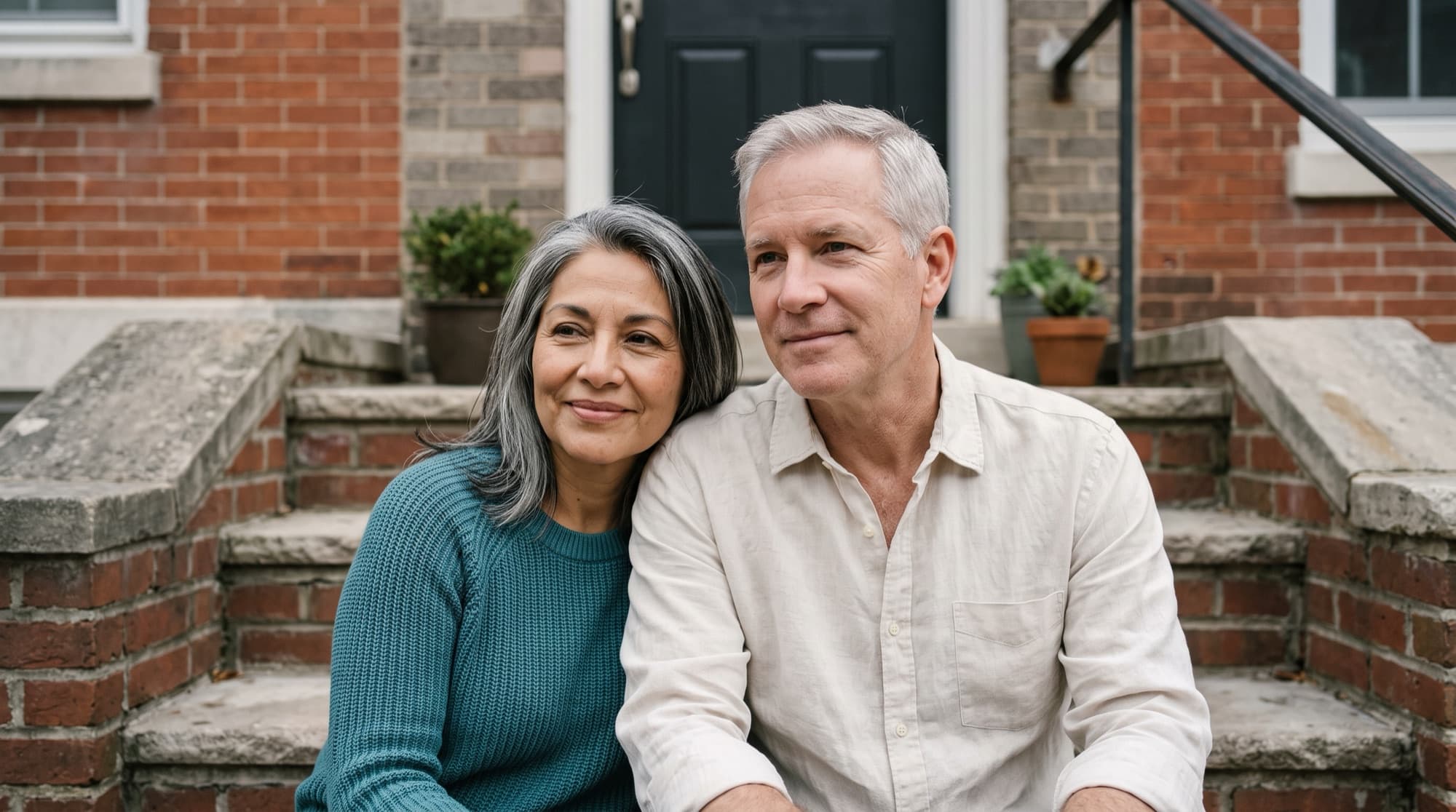 A couple in their fifties sitting together on the front steps of a brick townhouse