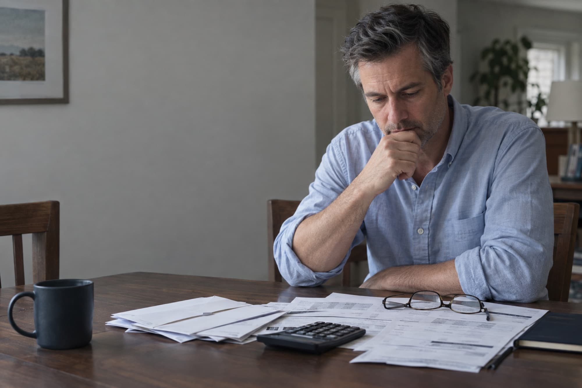 A man at a dining table studying a spread of paper bank statements and envelopes